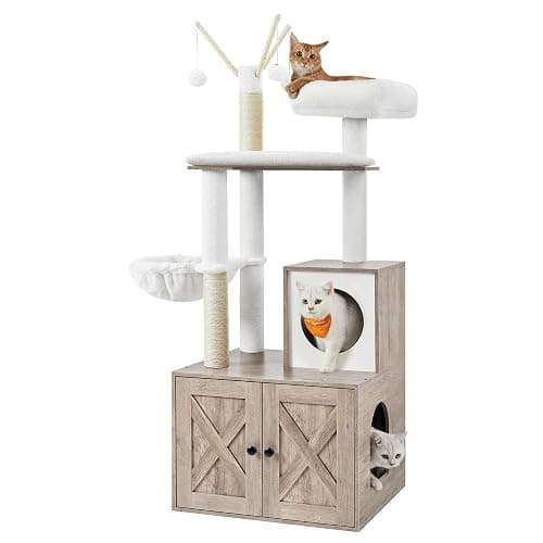 Feandrea Cat Tree with Litter Box Enclosure, 2-in-1 Modern Cat Tower, 55.1-Inch Cat Condo with Scratching Posts, Removable Pompom Sticks, Greige UPCT113G01 - Image 1