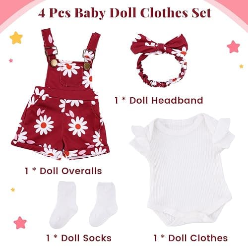 BABESIDE 4 Pcs Reborn Baby Doll Clothes for 17-22 Inch Babydolls, Cute Wine Red Flower Dolls Overalls Lifelike Reborn Baby Doll Accessories with Headband and Socks for Realistic Dolls Girl thumbnail 5