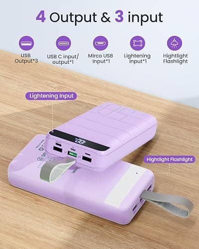 DAOLOT Power Bank Fast Charging 50000mAh - 22.5W Portable Charger USB C Quick Charge with 4 Outputs & 3 Inputs LED Display Huge Capacity External Battery Pack for iPhone, Samsung, iPad etc Purple thumbnail 4