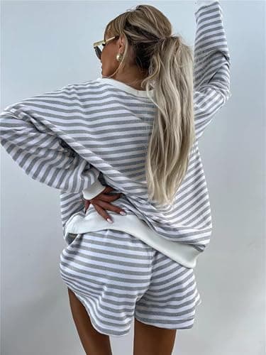 Melliflo Women 2 Piece Outfits Lounge Sets Striped Print Long Sleeve V Neck Sweatshirt and Shorts Set Fall Sweatsuit thumbnail 4