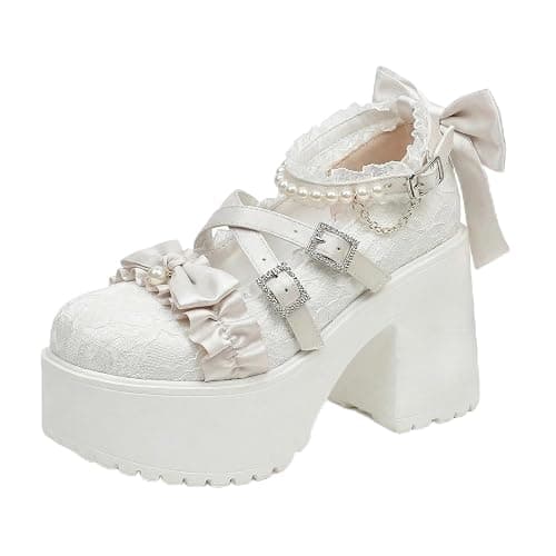 Kawaii Mary Jane Heels for Women Cute Lolita Shoes Chunky Platform Round Toe Bow Cross Strap Lace Buckle Comfy Party Cosplay Shoes thumbnail 2