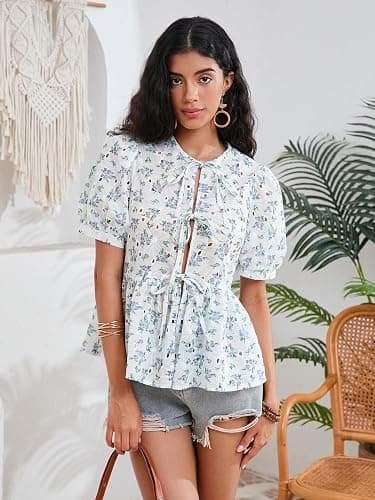 WDIRARA Women's Floral Print Bow Tie Front Blouse Puff Short Sleeve Round Neck Peplum Babydoll Shirt thumbnail 3