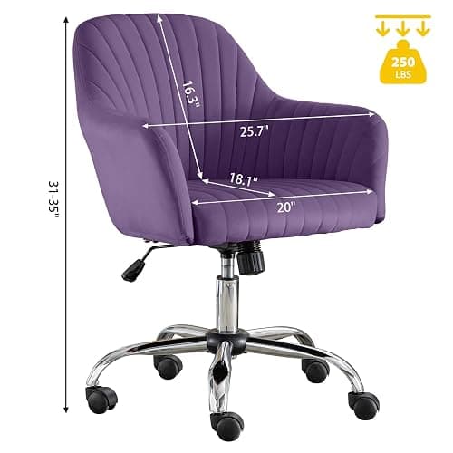 Anwickhomk Purple Vanity Desk Chair Comfy with Back and Wheels,Velvet Rolling Office Chair for Vanity Makeup Room,Height Adjustable,360 Swivel (Purple) thumbnail 2