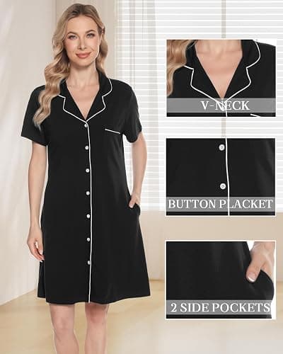 Vlazom Women Soft Nighties V-Neck Button Down Nightdress Classic Boyfriend Style Sleepshirt Relaxed Nightshirt Sleepwear thumbnail 2