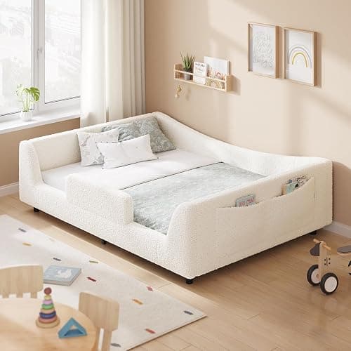 HAUOMS Full Floor Bed, Low Montessori 2-in-1 Convertible Beds, with Slats and High Rails, Upholstered Teddy Boucle, Curve Round Frame for Girls and Boys, No Box Spring Needed, Easy Assemble, Beige - Image 1