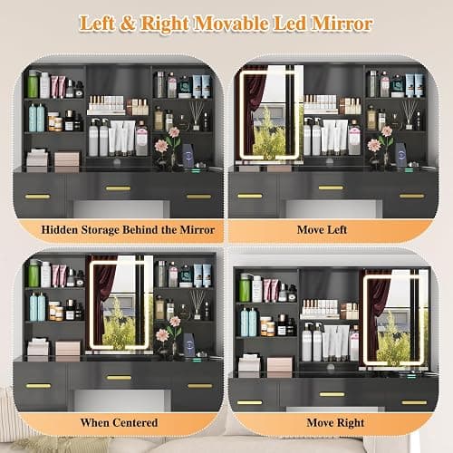 47'' W Large Vanity Desk with Mirror and Lights, 8 Storage Shelves 7 Drawers Vanity Table, Big Makeup Vanity Desk with 3 Lighting Modes, Vanity Dresser with Charging Station, Sliding Mirror (Black) thumbnail 4