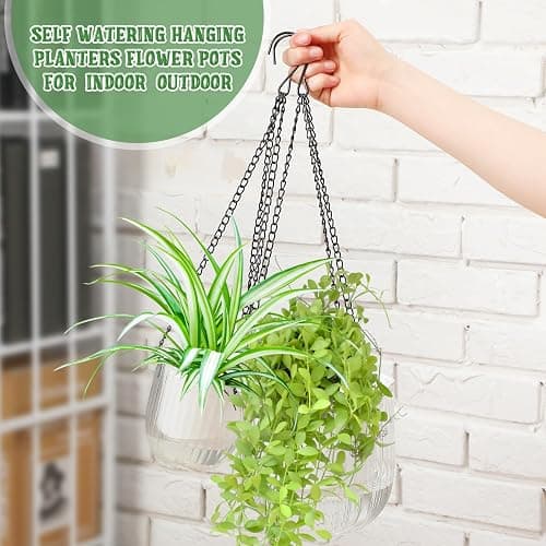 Maxcheck 4 Pcs Self Watering Hanging Planters Indoor Gift 6.5'' 4.5'' Hanging Flower Pots Baskets Outdoor Self Watering Plant with 3hooks Drainage Holes for Home(Grey,Clear) thumbnail 4