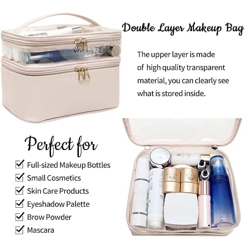 Makeup-Bag,Large Leather Makeup-Organizer for Travel-Accessories Clear-Cosmetic-Bag,Portable Travel Essentials Bag Makeup Case,Make Up Bag Toiletry Bag for Women,College Dorm Room Essentials for Girls - 2-Nude thumbnail 3
