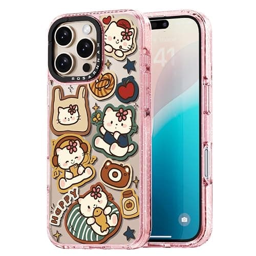 Rosarnnah Compatible for iPhone 16 Pro Max Case Cute - Durable Shockproof 6.6 ft Drop Impact Phone Case - Glitter Pink Funny Happy Kitty Design for iPhone 16 Pro Max 6.9" - Image 1