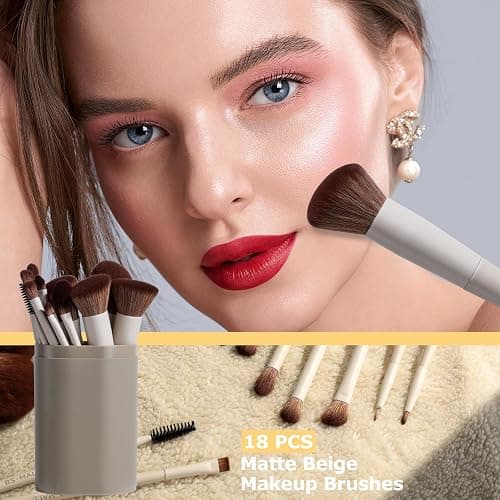 BS-MALL Professional Makeup Brush Set 18 Pcs Premium Synthetic Foundation Powder Concealers Eye Shadows Blush Makeup Brushes with Travel Case (Matte white beige) thumbnail 5