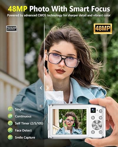4K Digital Camera for Photography 48MP Dual Lens Autofocus 16X Zoom, White | Portable with Anti-Shake, Flash, 2.8" Screen, Vlogging Camera for YouTube Travel Selfies, Beginners, 32GB Card, 2 Batteries thumbnail 3