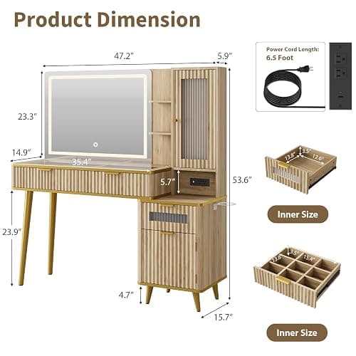 QUW Fluted Makeup Vanity Desk with Mirror and Lighits, 48" Modern Glass Top Vanity Table with Charging Station, Vanity Mirror with Adjustable Brightness, Dressing Table for Bedroom, Natural Oak thumbnail 3