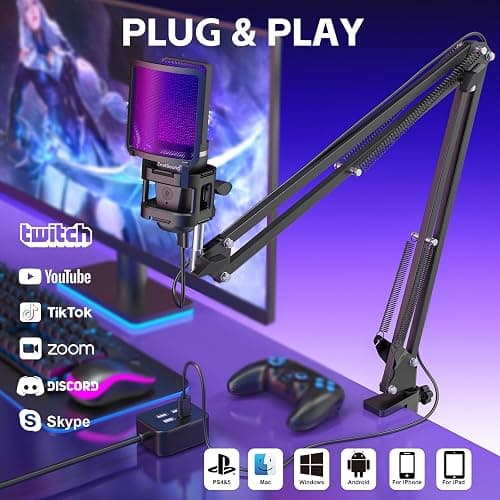 Gaming USB Microphone for PC Phone,ZealSound Noise Cancellation Condenser Mic Kit,RGB,Boom Arm Stand &Tripod,Quick Mute,Gain,Pop Filter for Computer,PS 4&5,Mac,Streaming,Podcast,Twitch,YouTube,Discord - Black thumbnail 2