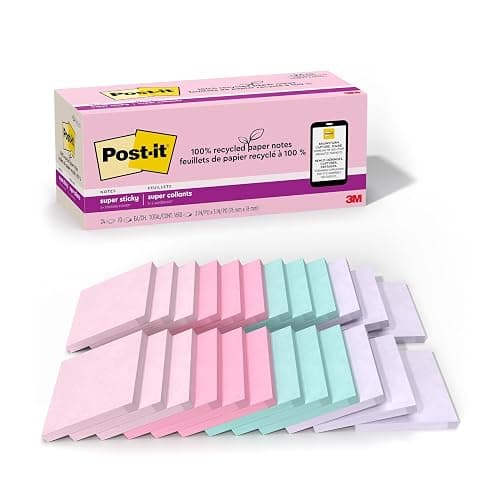 Post-it 100% Recycled Paper Super Sticky Notes, 3 in. x 3 in., 24 Pads, 70 Sheets per Pad, Wanderlust Pastels, School Supplies and Office Products - Image 1