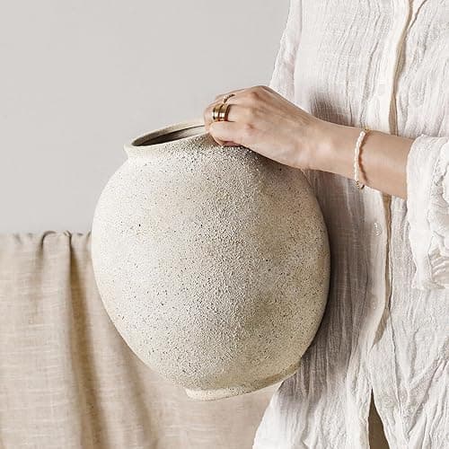Large White Ceramic Vase - 9.8 Inch Rustic Farmhouse Flower Vase for Home Decor, Minimalist Tall Vases for Living Room, Table, Bathroom, Holiday & Weddings (Sandstone Yellow) - Image 1