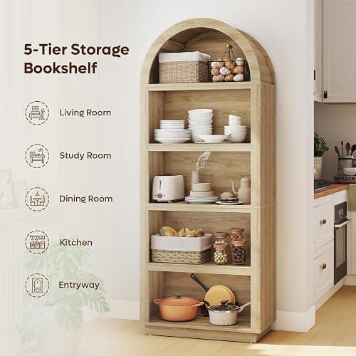 Bestier 76" Tall Arched Bookcase, 5 Tier Arched Bookshelf with Adjustable Book Shelf, Large Wood Bookshelf, Modern Farmhouse Open Display Book Case for Bedroom, Home Office,Living Room, Natural Oak thumbnail 7