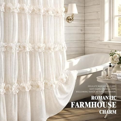 XOGUIBO Ruffle Shower Curtain with Bow Vintage Farmhouse Linen Shower Curtain for Bathroom, Cream, 72" W x 72" H thumbnail 4