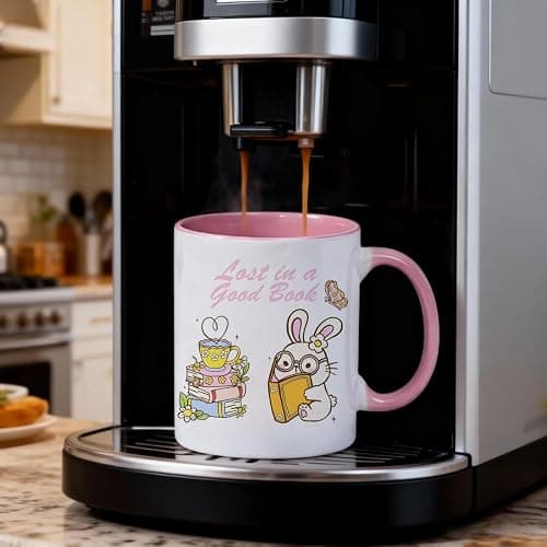 VACNKOCY Cute Bunny Book Lover Coffee Mug – Ceramic Tea Cup with Pastel Flowers and Reading Rabbits, Pink Interior – Gift for Readers, Teachers, Students, Bookworm Coffee Cup, 11oz thumbnail 4
