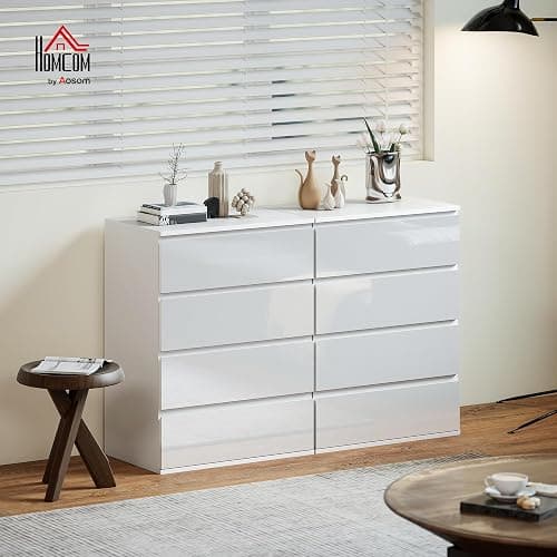 HOMCOM Dresser for Bedroom with 4 Drawers, High Gloss Chest of Drawers with Metal Runners and Groove Handles for Living Room, Hallway, White thumbnail 2