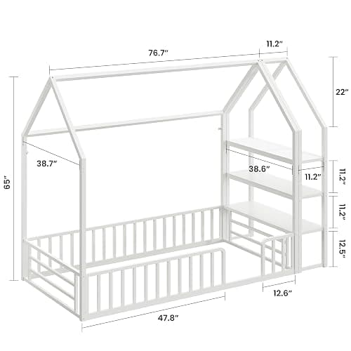 LIKIMIO Twin Bed Frame, Metal House Floor Bed Frame with Storage, Fence Guardrails, No Box Spring Needed, Space Saving for Bedroom and Dorm, Easy Assembly, White thumbnail 3