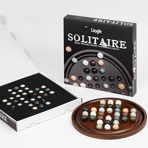 Lingle Deluxe Solitaire Game Set: 12.6'' Solid Wooden Board, 32 Natural Marble Balls, Single-Player Strategy and Smart Games thumbnail 7