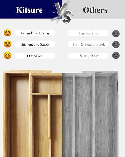 Kitsure Silverware Organizer - Expandable Bamboo Kitchen Drawer Organizer, Adjustable Cutlery Tray for Kitchen Storage & Organisation, 33.6 x 4.5 x 29.0-47.0 cm thumbnail 5