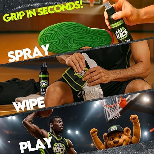 MR. KICS Basketball Shoe Grip Spray - Anti Slip Traction for Court Shoes, Shoe Grip Enhancer - 2-in-1 Cleaner with Microfiber Towel, Backpack Clip - Volleyball, Pickleball, Tennis, Badminton thumbnail 3