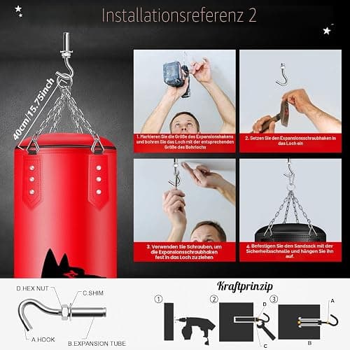 JUOIFIP Hängendes Boxsack Set Ungefüllt für Erwachsene- Mikrofaser Leder Boxsack mit Komplett Zubehör, Stabiler Sandsack für Kickboxen, MMA, Grappling, Muay Thai, Fitness– Indoor & Outdoor thumbnail 8