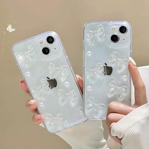Ownest Compatible with iPhone 12 Case with Clear Cute 3D Bowknots and Pearl Aesthetic Patterns for Women Teen Girls, Glitter Sparkle Back and Full Lens Protection Protective Phone Case Cover + Chain thumbnail 7