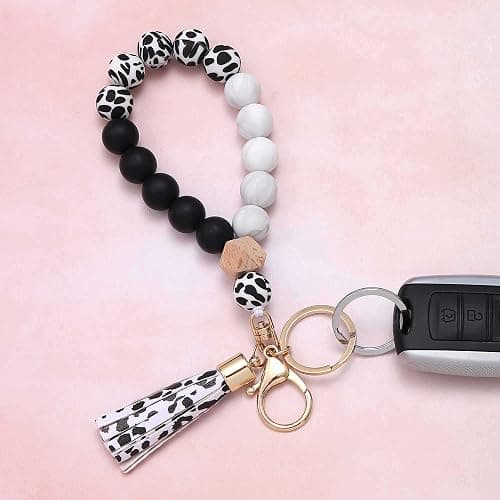 BAOSIWA Silicone Key Ring Bracelet Wristlet Keychain Unique Beaded Bangle Key Chains for Women with Leather Tassel thumbnail 3