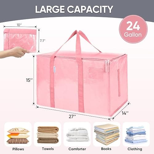 TICONN 6 Pack Extra Large Moving Bags Heavy Duty with Zippers & Carrying Handles, Durable Storage Bags Moving Boxes for Closet Organizers and Storage (6 Pack, Coral) thumbnail 3