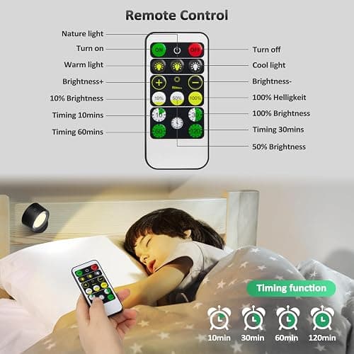 Lightbiz LED Wall Mounted Lights 2 Pcs with Remote, Wall Sconces Lamp 3000mAh Rechargeable Battery Operated, 3 Color Temperatures & Dimmable Magnetic 360° Rotation Cordless Light for Bedroom Bedside - Black-3 Color Temp Light - 2 Pcs thumbnail 4