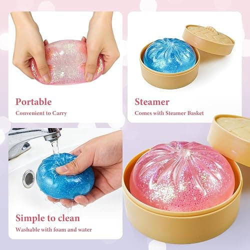 Dumpling Squishies,3.4inch Colorful Dumpling Stress Balls, Fidget Sensory Toy, Squeeze Dough Ball Stress Relief Hand Toys with Food Steamer,Dumpling Squishy Mystery Box, 2 Colors Random (1pack) thumbnail 4
