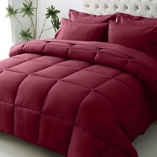 JOLLYVOGUE Queen Comforter Set, Ultra-Soft Bed in a Bag Queen Size 7 Pieces, Oeko-TEX Certified Bedding Set with Down Alternative Comforter, Sheets, Pillowcases & Shams, Burgundy - Image 1