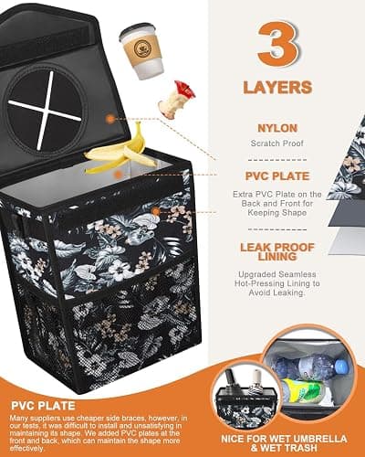 Pritent Car Trash Can with Lid, Cute Leakproof Car Trash Garbage Bag Hanging Vehicle Trash Bin Small Portable Automotive Garbage Cans Organizer for Back/Front Seat(Trapezoid,Black with Lily Print) thumbnail 3