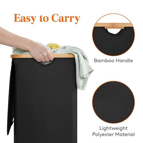 Lifewit 100L Laundry Basket with Lid, Clothes Hampers for Laundry with Bamboo Handles and 1 Removable Bag, Large Foldable Laundry Hamper for Bedroom, Bathroom, Dorm, Laundry Room, Black thumbnail 6