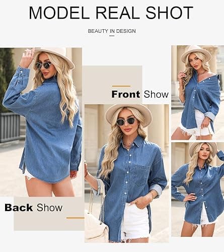 Astylish Women Denim Shirts Button Down Blouse V Neck Casual Tops thumbnail 4