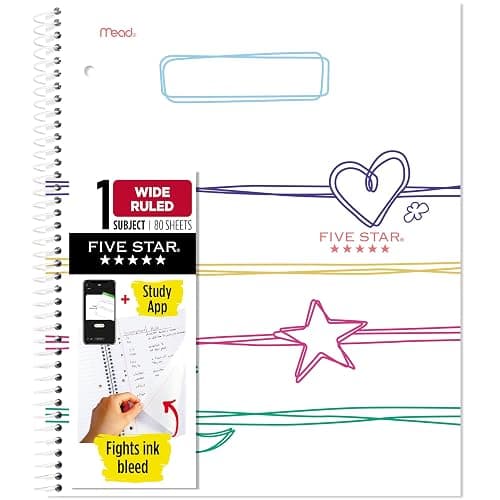 Five Star Spiral Notebook + Study App, 1 Subject, Wide Ruled, 8" x 10-1/2", 80 Sheets, Fights Ink Bleed, Water Resistant Cover, Pastel Doodles (930212F-ECM) - Image 1