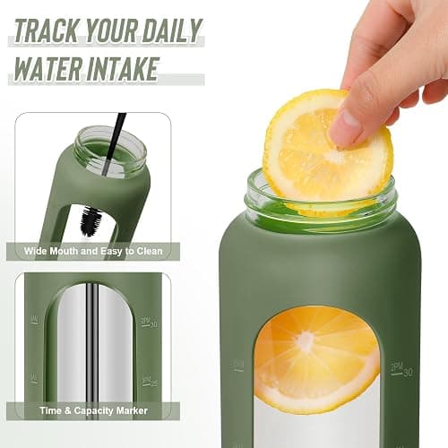 FULBEVY 32 oz Glass Water Bottles - 1 Liter Motivational Tumbler With Time Marker - Borosilicate Glass With Silicone Sleeve and 2 Lids, Handle Spout & Bamboo Straw Lid thumbnail 5