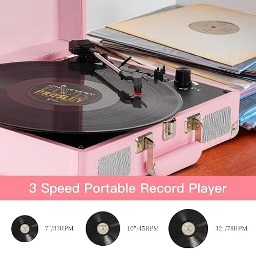 JORLAI Pink Vinyl Record Player 3 Speeds Portable Suitcase Turntable with Built-in Dual Speakers, Bluetooth Gramophone with Built-in Battery 3.5mm Aux Input/RCA Output thumbnail 4
