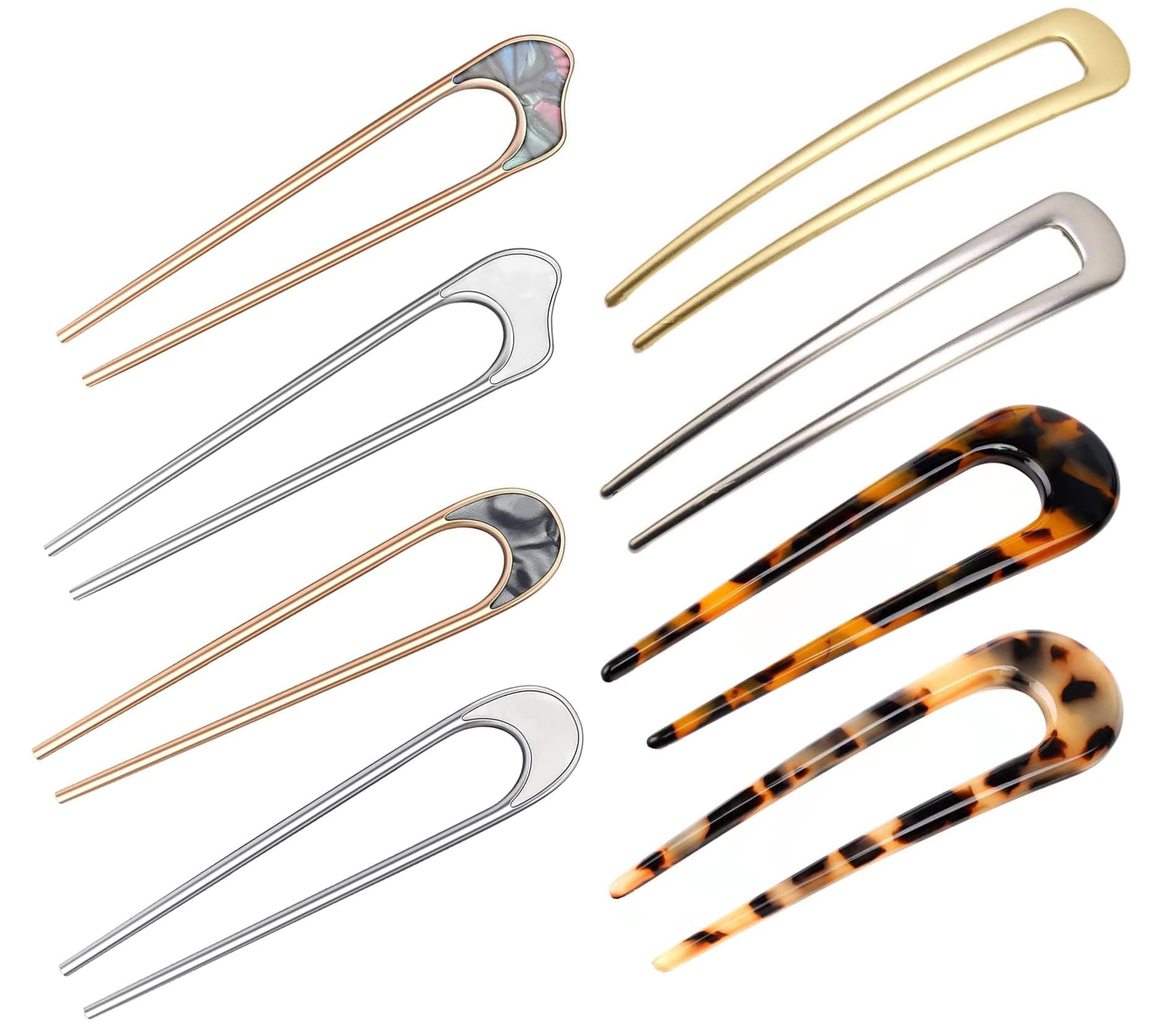 8pcs U Shape Hairpins, BetterJonny French Hair Forks Tortoise Shell U Shape Hair Pins Metal Updo Chignon Pins Acetate Hair Sticks for Women Girls Hair Styling Accessories