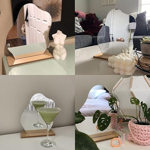G.Dori Irregular Aesthetic Vanity Mirror Frameless, Decorative Desk Tabletop Acrylic Mirrors with Wooden Stand for Living Room, Bedroom, Office and Minimal Spaces Home Decor - Cloud Shape thumbnail 6