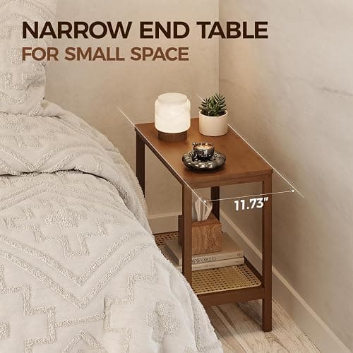 Rattan Side Table Mid Century Modern End Table Living Room 2-Tier End Table with Rattan Storage Shelves for Small Space Night Stand Narrow Coffee Table Boho Bamboo Small Bedside Table thumbnail 3