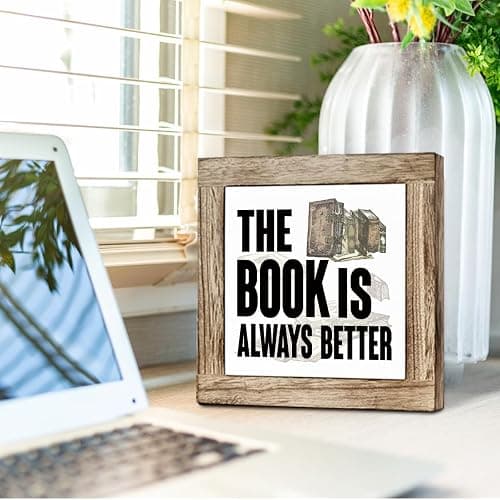 Reading Book Desk Sign, Inspirational Wooden Decor, The Book Is Always Better Sign, Freestanding Decor for Home Classroom Reading Corner, Farmhouse Wood Signs 5.9x5.9 Inches thumbnail 4