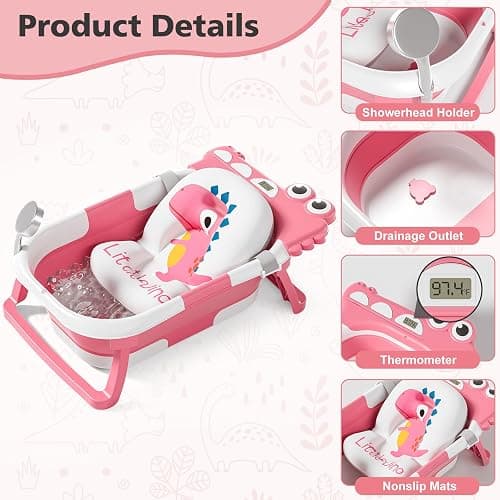 Collapsible Baby Bathtub for Newborn, Foldable Baby Bath Tub with Thermometer & Soft Floating Cushion & Drain Hole, Portable Travel Infant Bath Tubs for Newborns to Toddler 0-36 Months Girl, Pink thumbnail 4