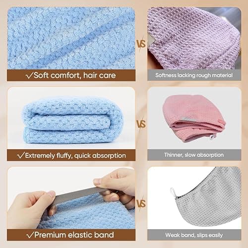 HOMEXCEL 5 Pack Microfiber Hair Towels - 40 x 20 inches Super Soft, Fast Drying Turbans for Long, Thick, Curly Hair - Anti Frizz Wrap with Elastic Strap thumbnail 5