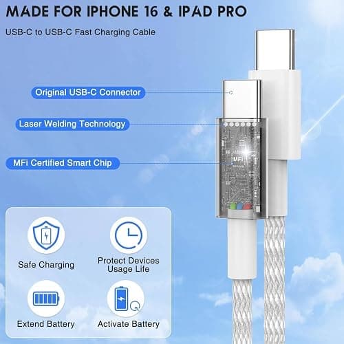 USB C to C Fast Charger Cable 10ft, Long Type C to USB C Charging Cord Wire for Apple iPhone 17 Pro Max/17 Air/16 Pro/15 Plus,MacBook Pro 2021/2020/2019/2018,iPad 12.9/11 inch/Mini/Air,Samsung Galaxy thumbnail 4