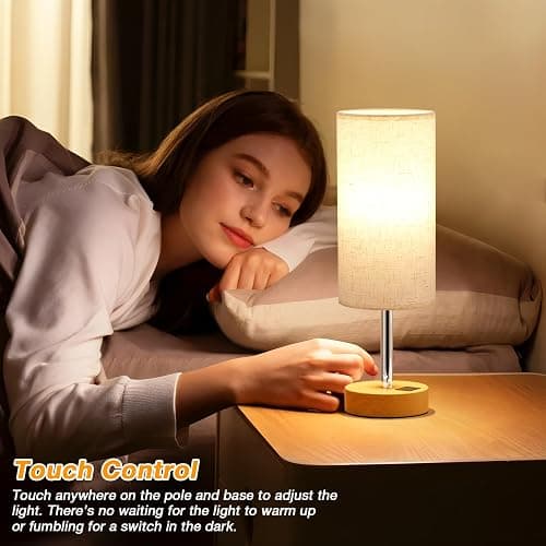 Dicoool Bedside Table Lamp for Bedroom - 3-Way Dimmable Touch Lamp, USB A+C | LED Bulb Included, 14" Small Nightstand Lamp for Desk, Living Room, Guest Room, Cream Fabric Lampshade, Wood-Grain Metal Base thumbnail 2