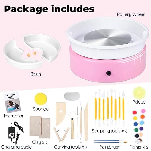 Goody King Mini Pottery Wheel-9.4”Pottery Wheel for Adults Beginners Kids, Upgraded Movable Turntable with Adjustable Speed with 16 Pottery Shaping Tools, Supports Forward and Reverse Rotation-Pink thumbnail 2