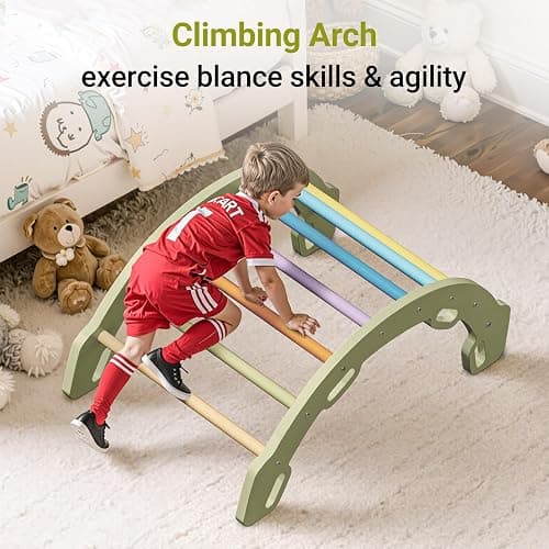 COSYLAND Kids Climber Arch Rocker with Cushion - Solid Wood Indoor Pikler Climbing Toys for Toddler with Handrails - Scentless Indoor Playground Arch Climbing Ladder (Green Frame, Rainbow Sticks) thumbnail 7